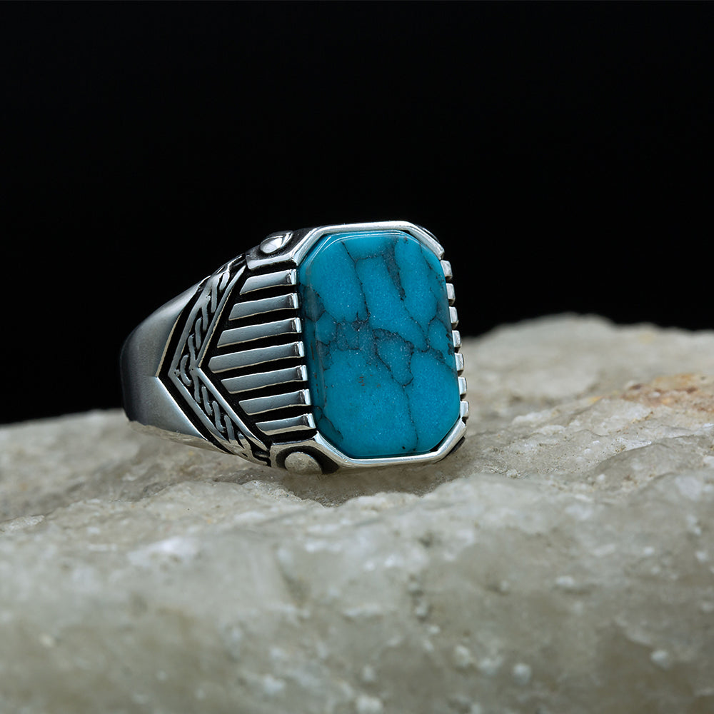 925 Sterling Silver Square Blue Turquoise Men Ring