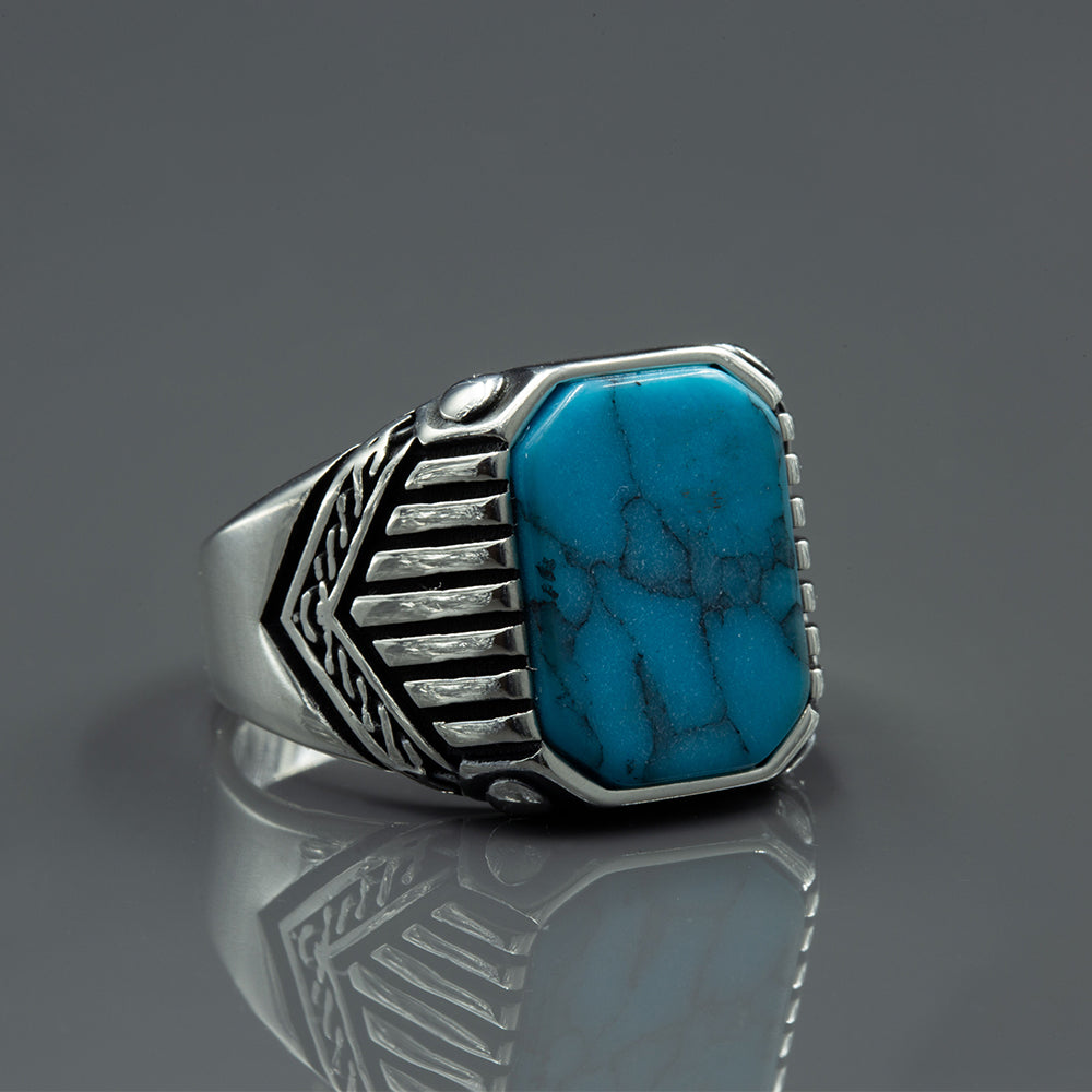925 Sterling Silver Square Blue Turquoise Men Ring