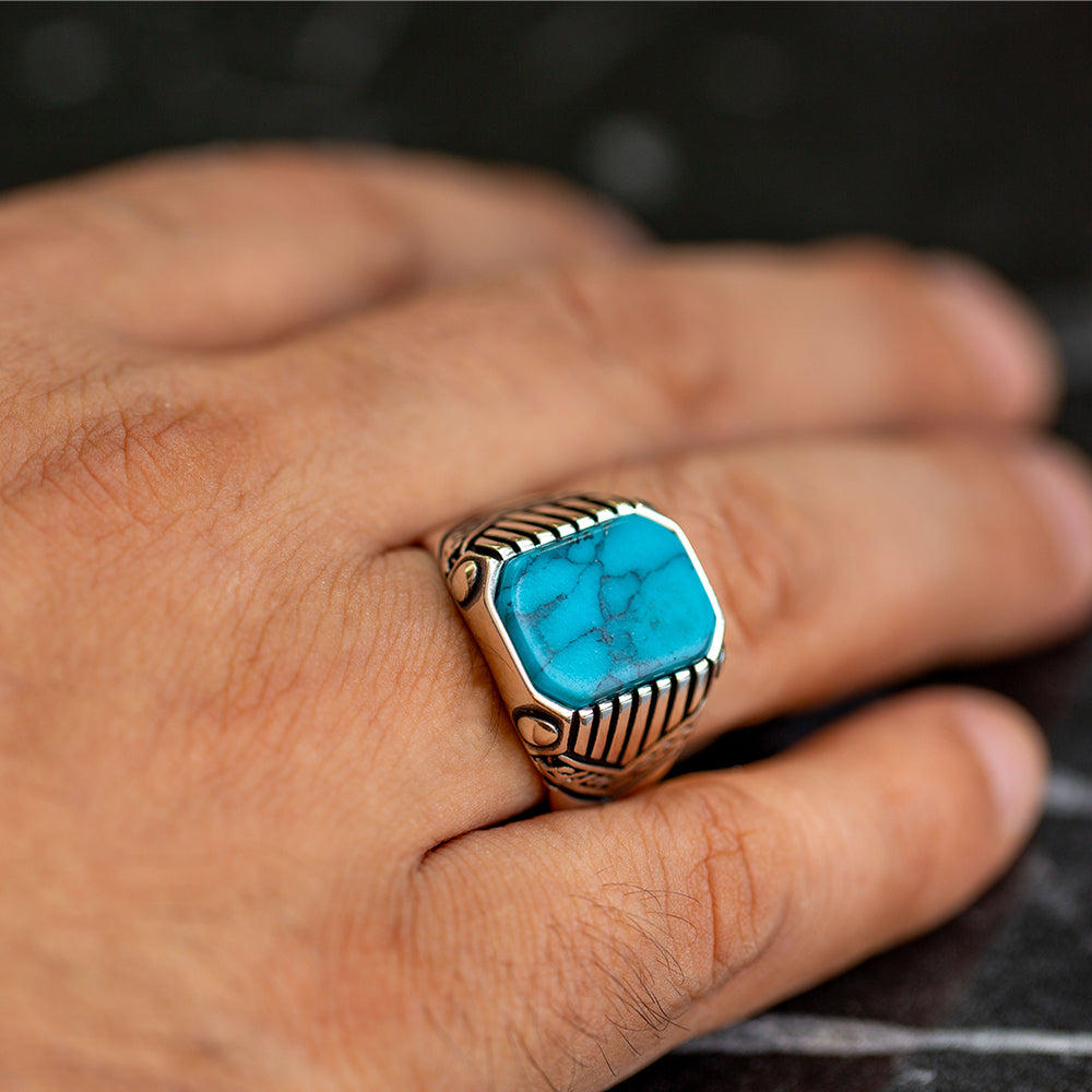 925 Sterling Silver Square Blue Turquoise Men Ring