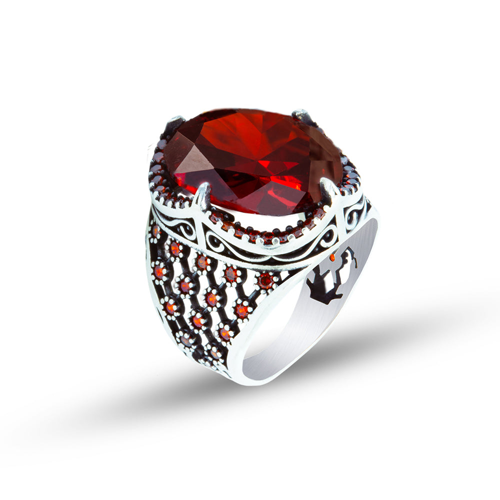 925 Men Silver Red Ruby Garnet Gemstone Ring