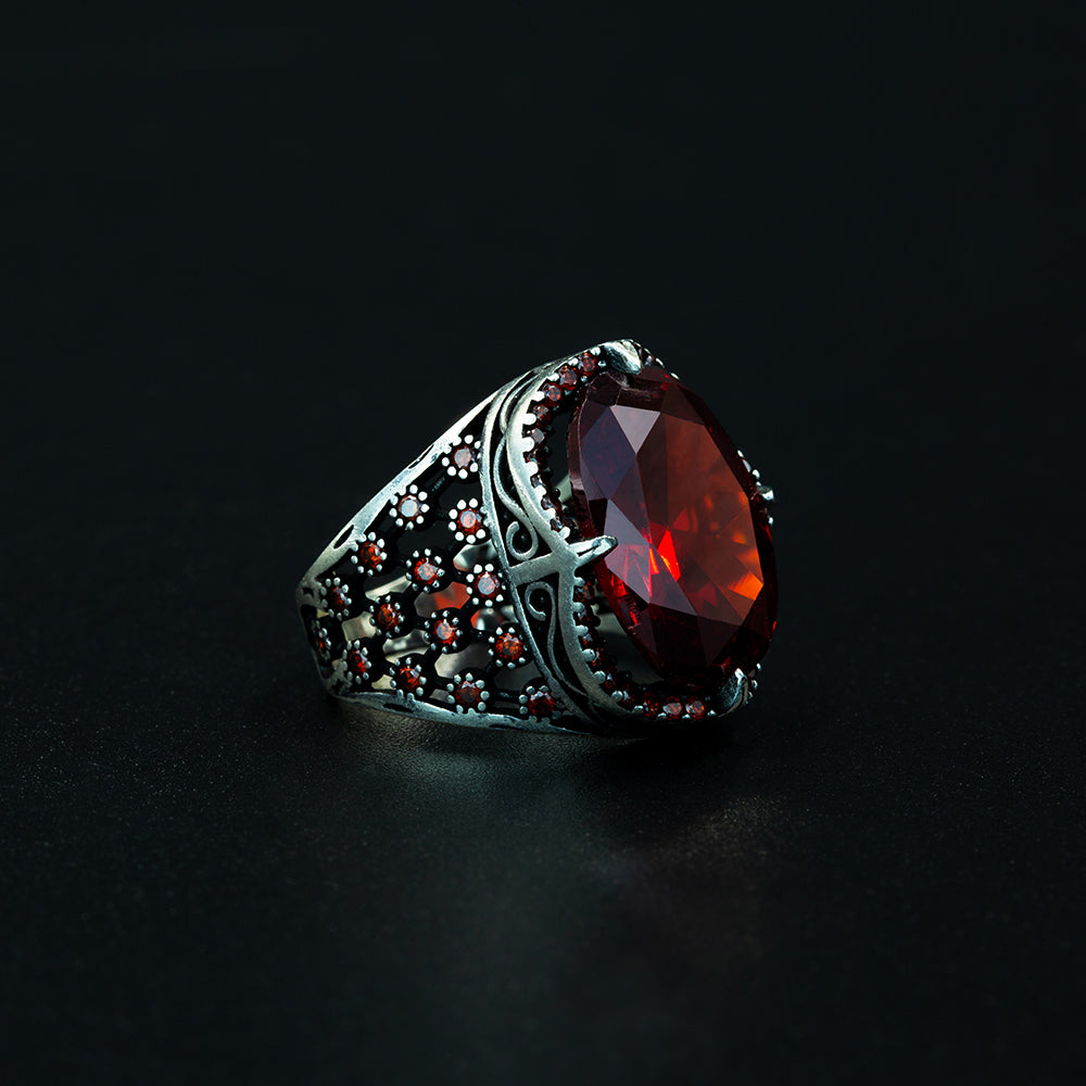 925 Men Silver Red Ruby Garnet Gemstone Ring