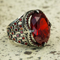925 Men Silver Red Ruby Garnet Gemstone Ring