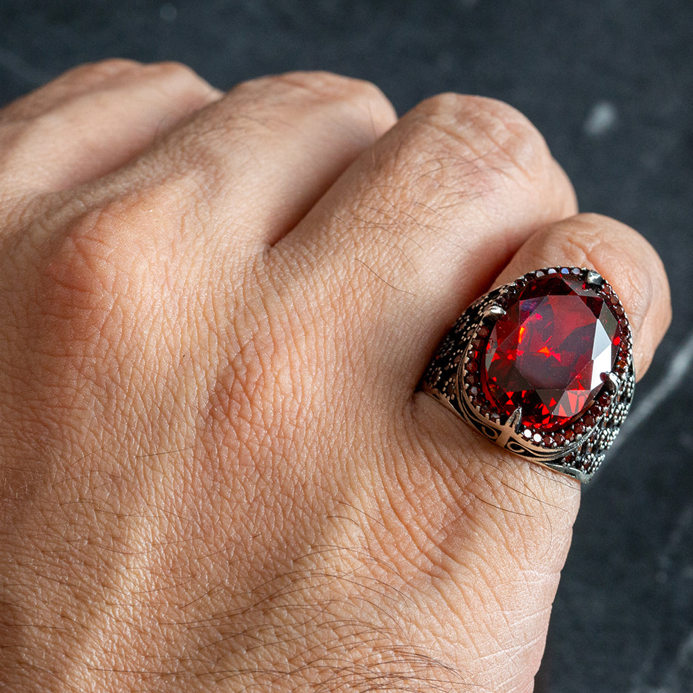 925 Men Silver Red Ruby Garnet Gemstone Ring