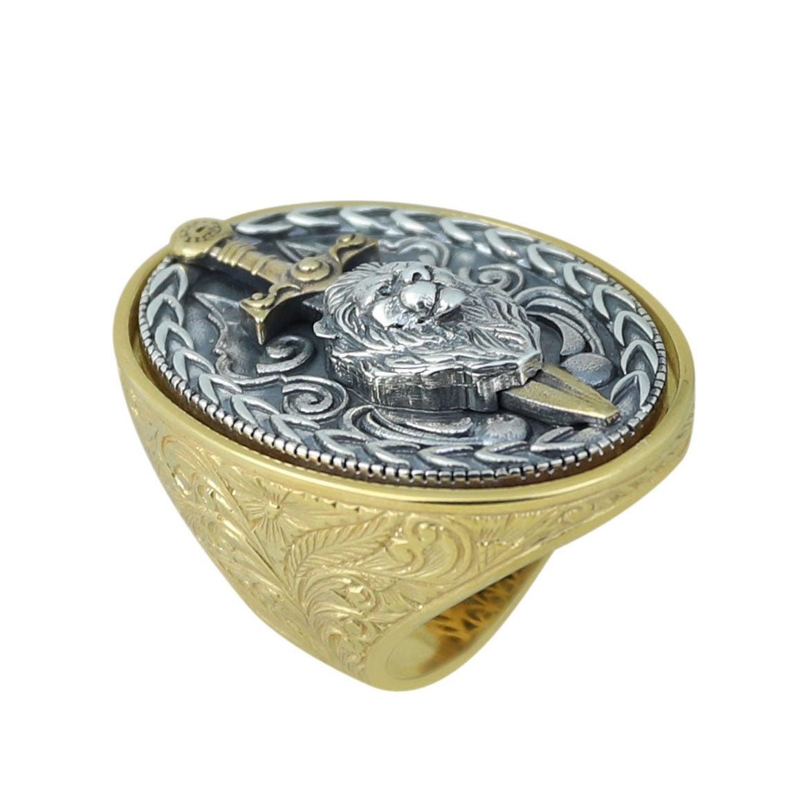 Men Leon Head Sword Figured Ring, 18K Gold Engraved Leon Figured Ring, Handmade Warrior Large Ring, Hand-Engraved Ring, 925 Silver