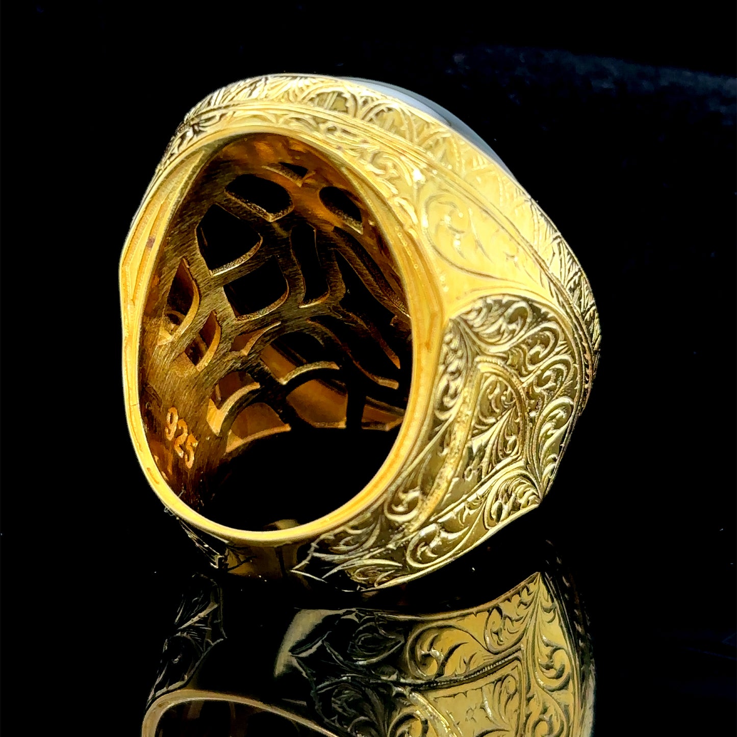 Men Silver Large Gold Plated Onyx Ring