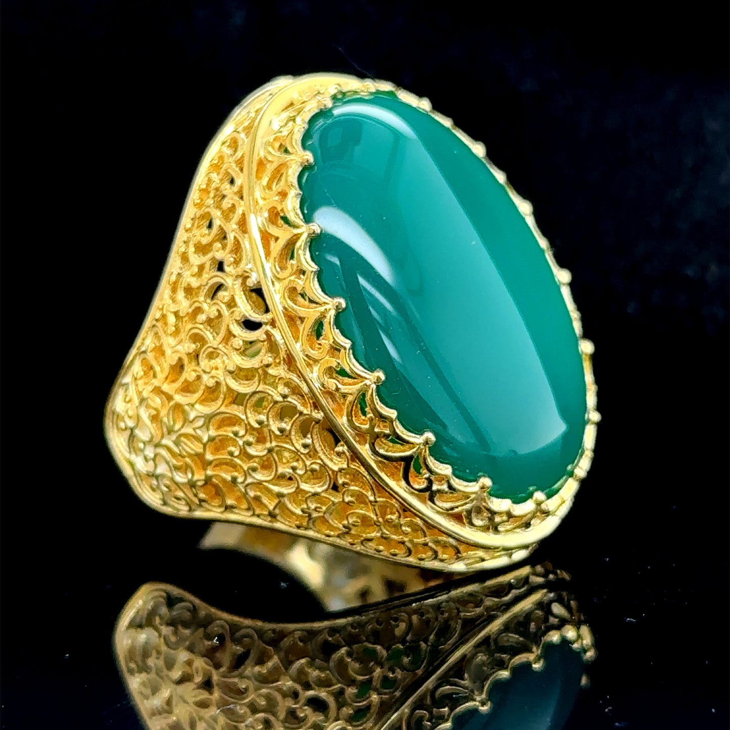 Men Silver Handmade Large Gold Plated Agate Stone Ring