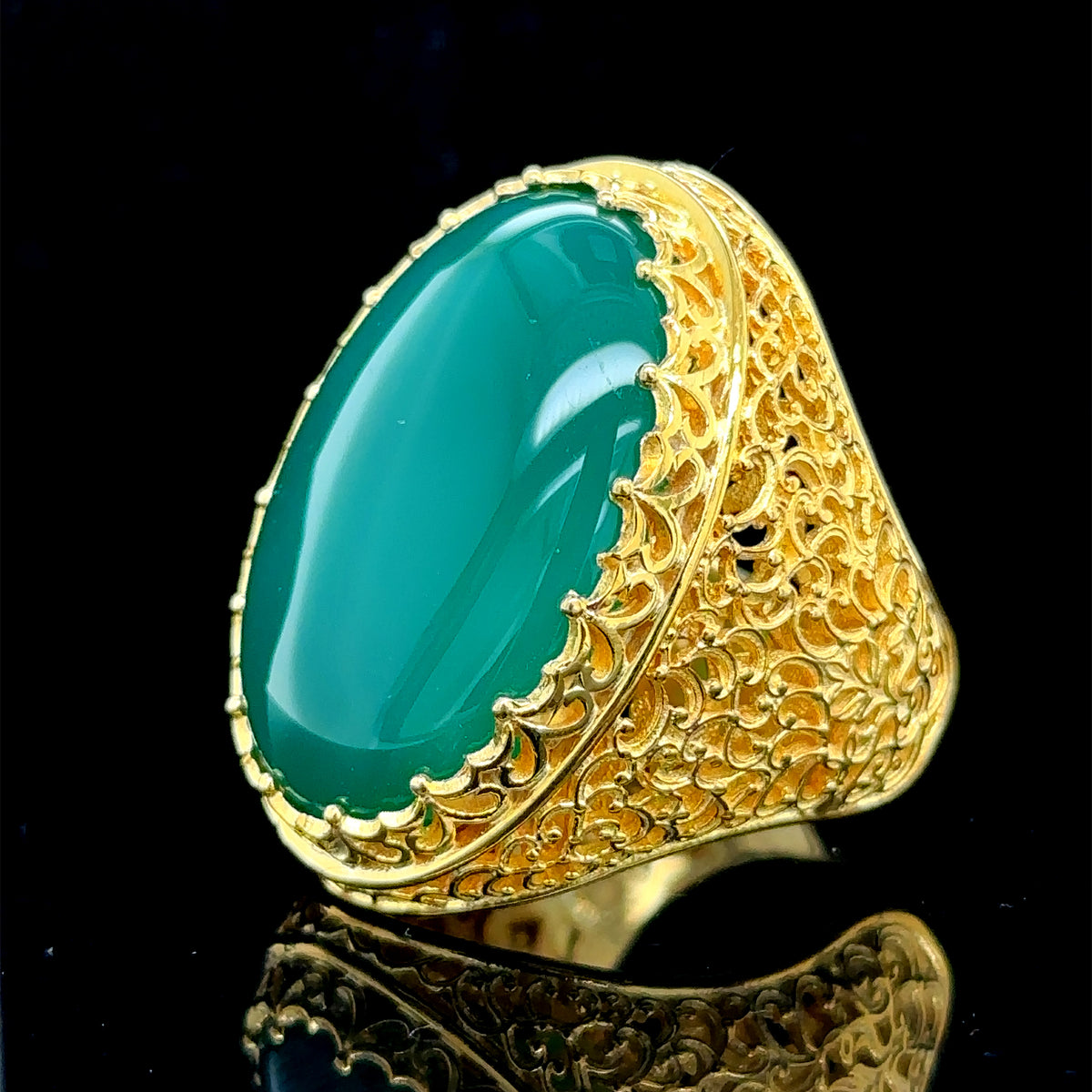 Men Silver Handmade Large Gold Plated Agate Stone Ring