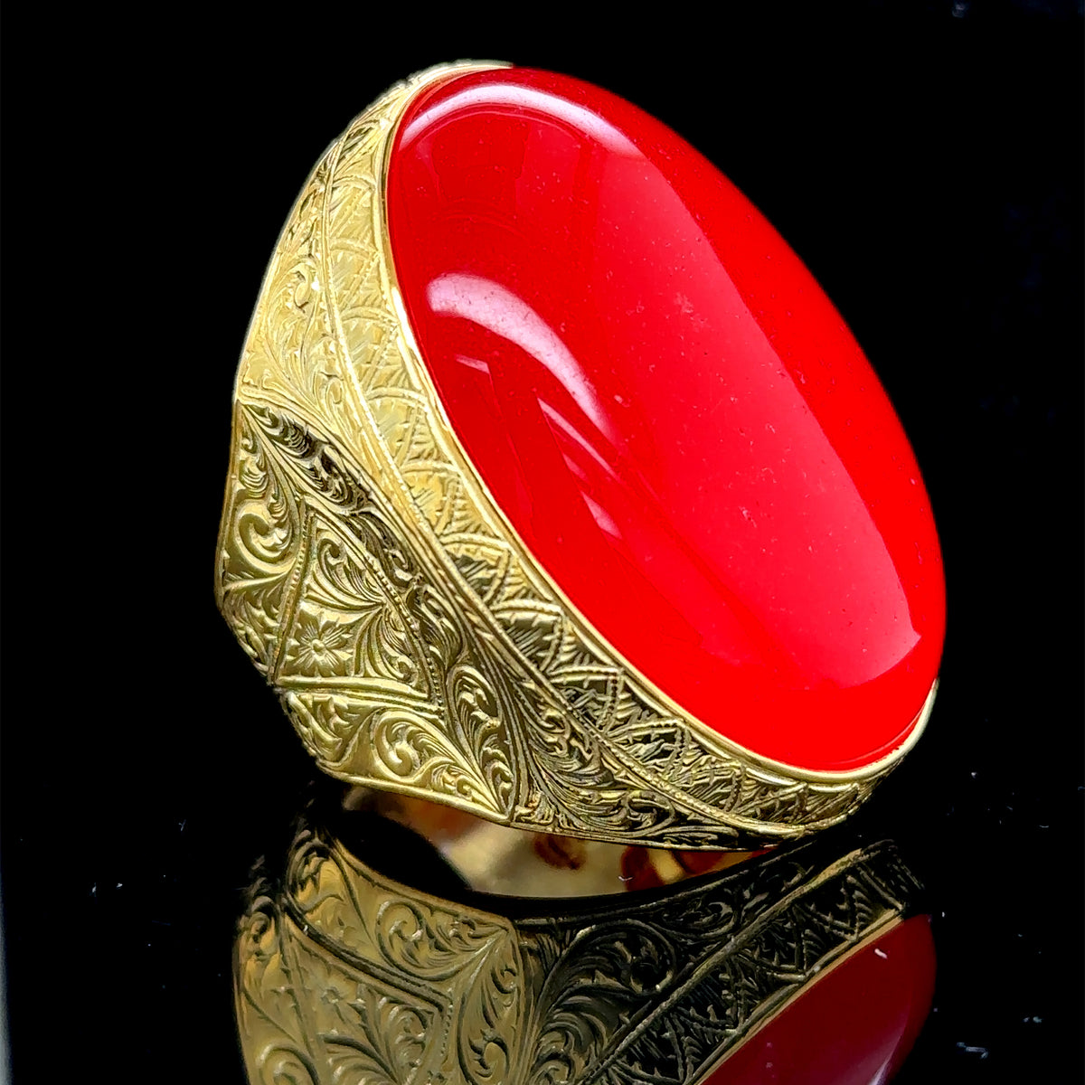 Men Silver Large Gold Plated Jade Stone Ring