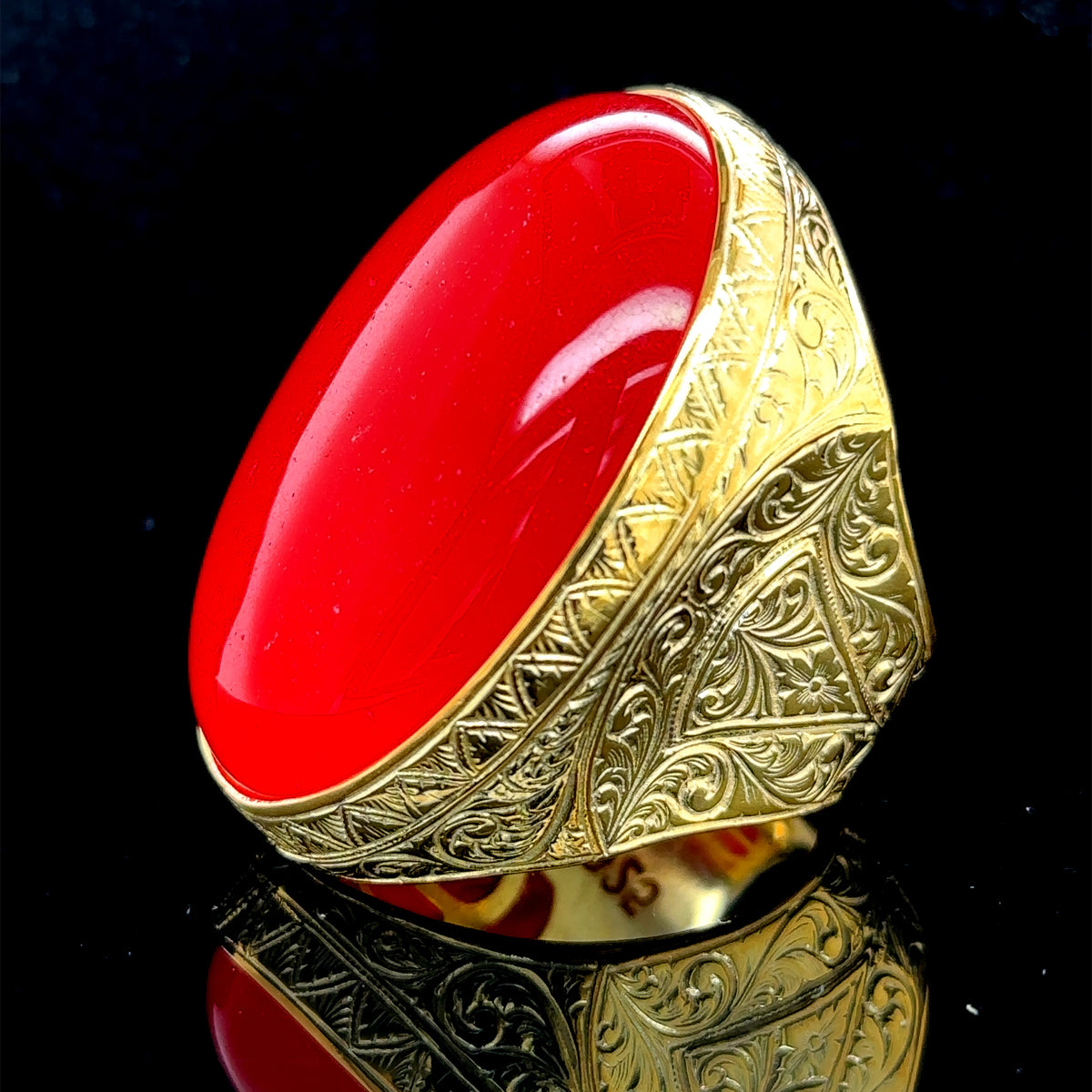 Men Silver Large Gold Plated Jade Stone Ring