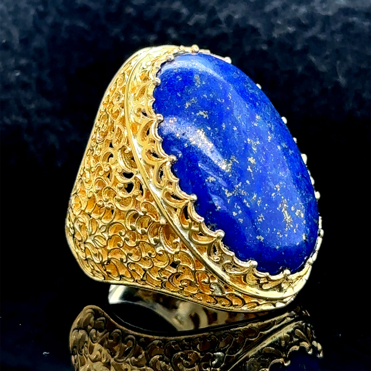 Men Silver Large Gold Plated Natural Lapis Ring