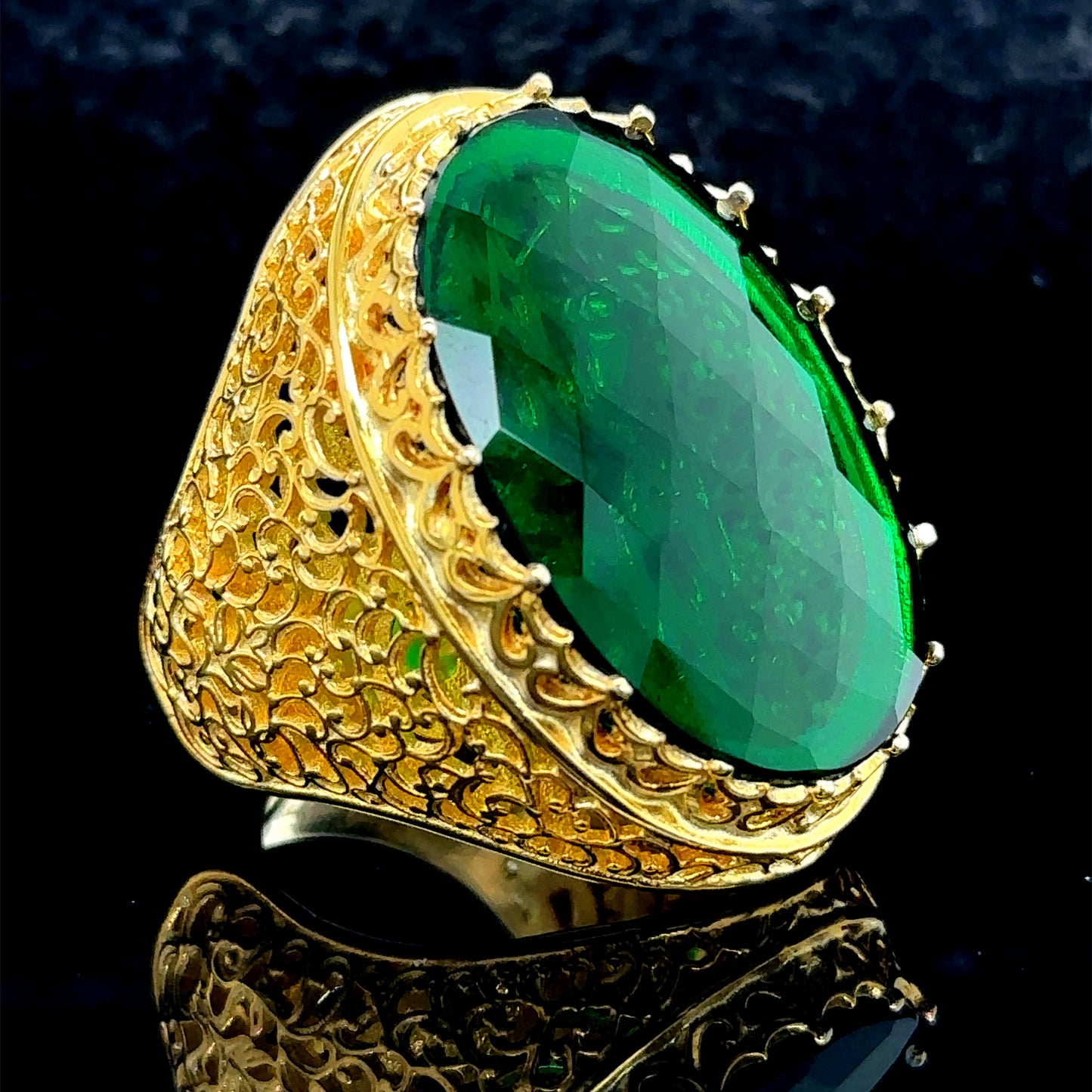 Men Large Gold Plated Emerald Gemstone Ring