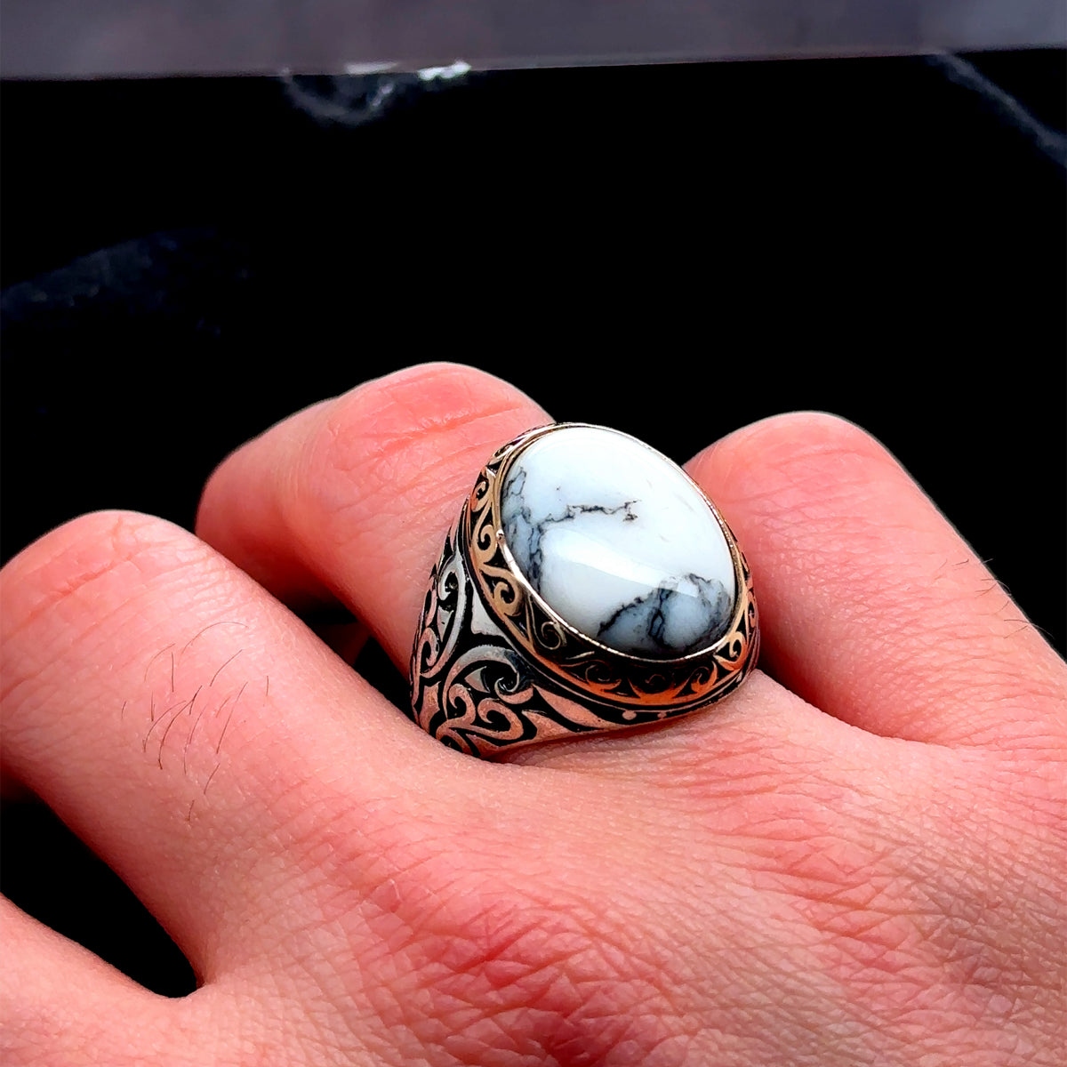 Men Handmade Natural White Turquoise Ring