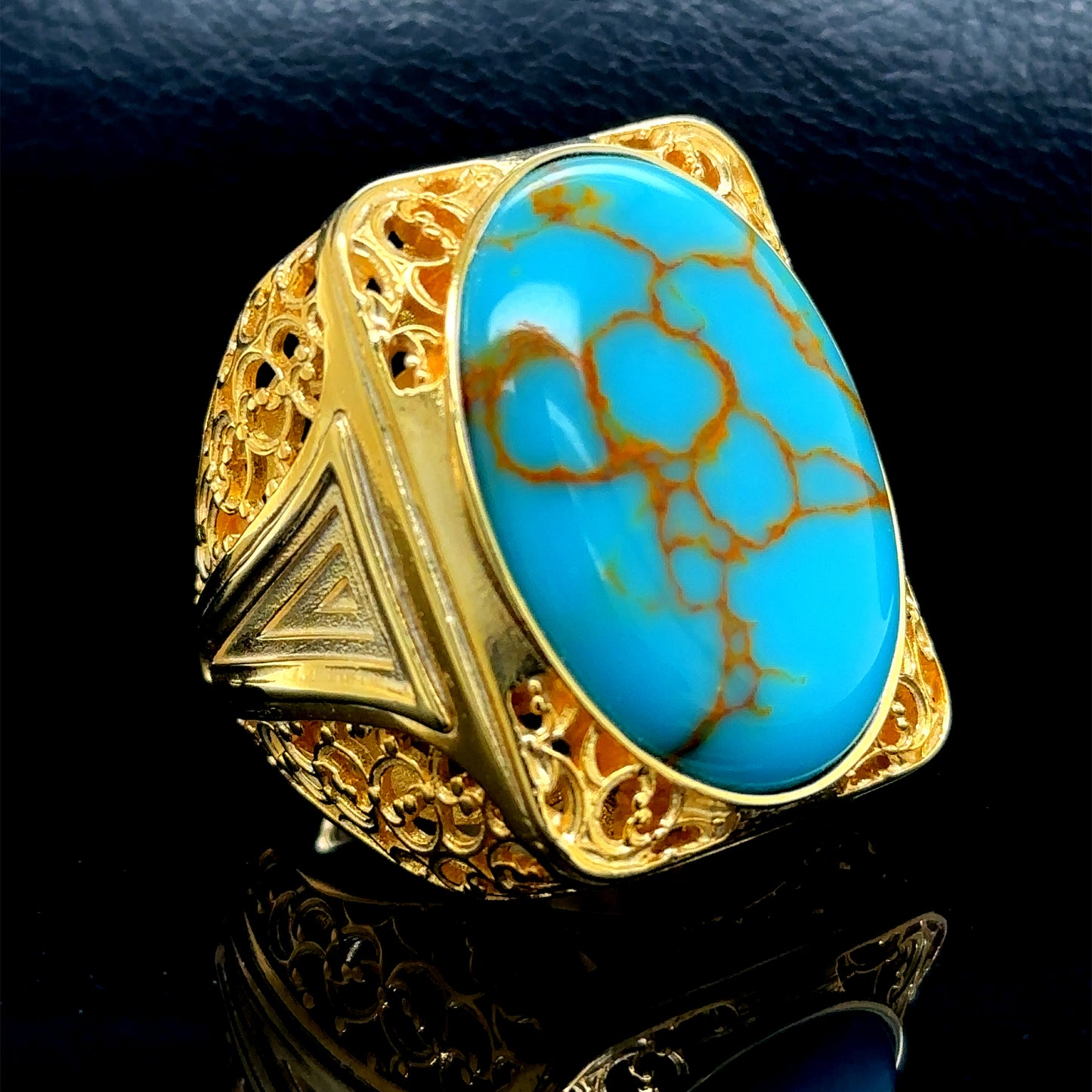 Men Silver Large Gold Plated Turquoise Stone Ring