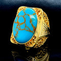 Men Silver Large Gold Plated Turquoise Stone Ring