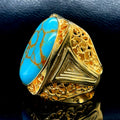 Men Silver Large Gold Plated Turquoise Stone Ring