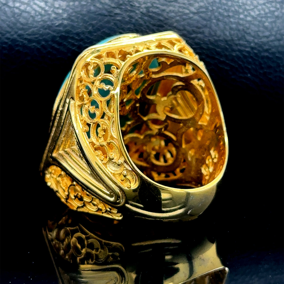 Men Silver Large Gold Plated Turquoise Stone Ring