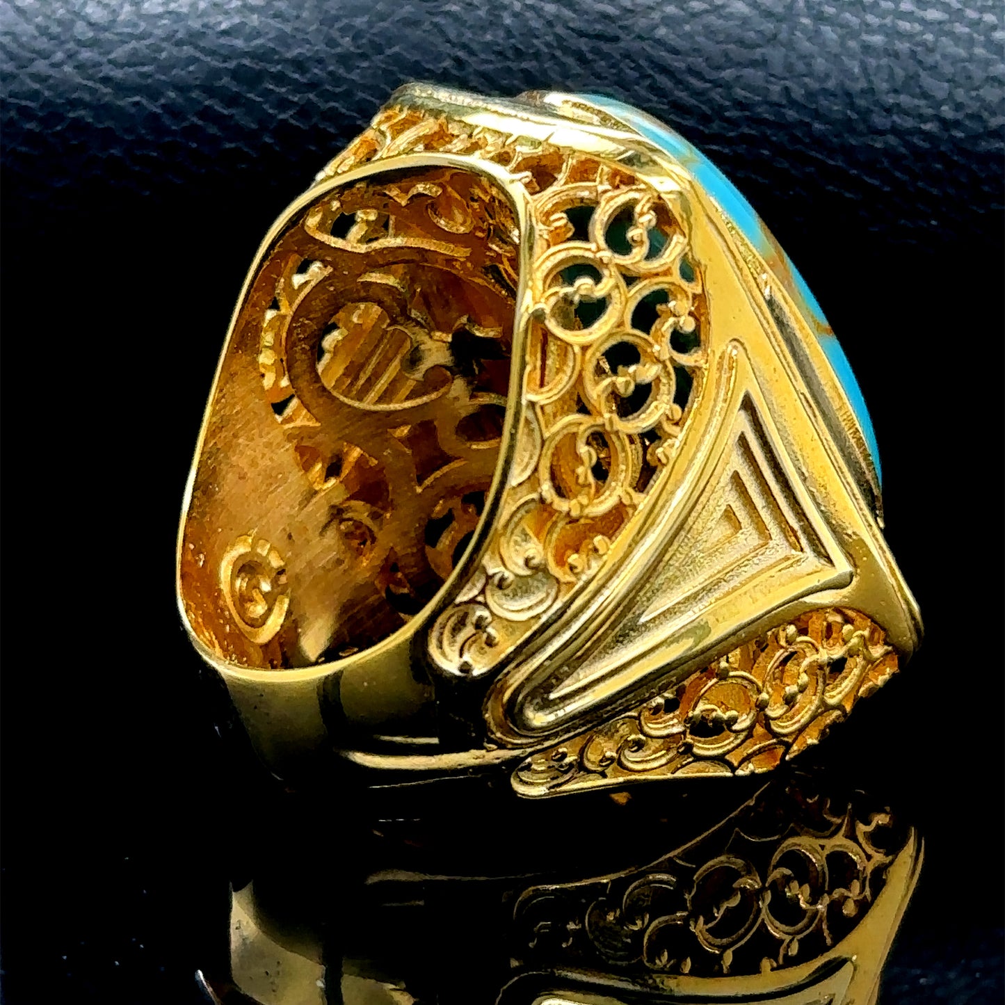 Men Silver Large Gold Plated Turquoise Stone Ring