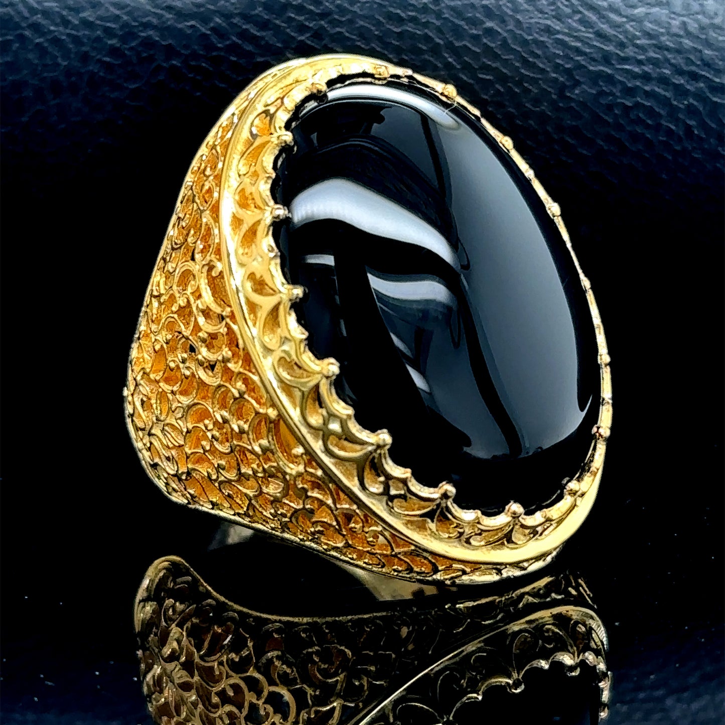 Silver Handmade Large Gold Onyx Ring