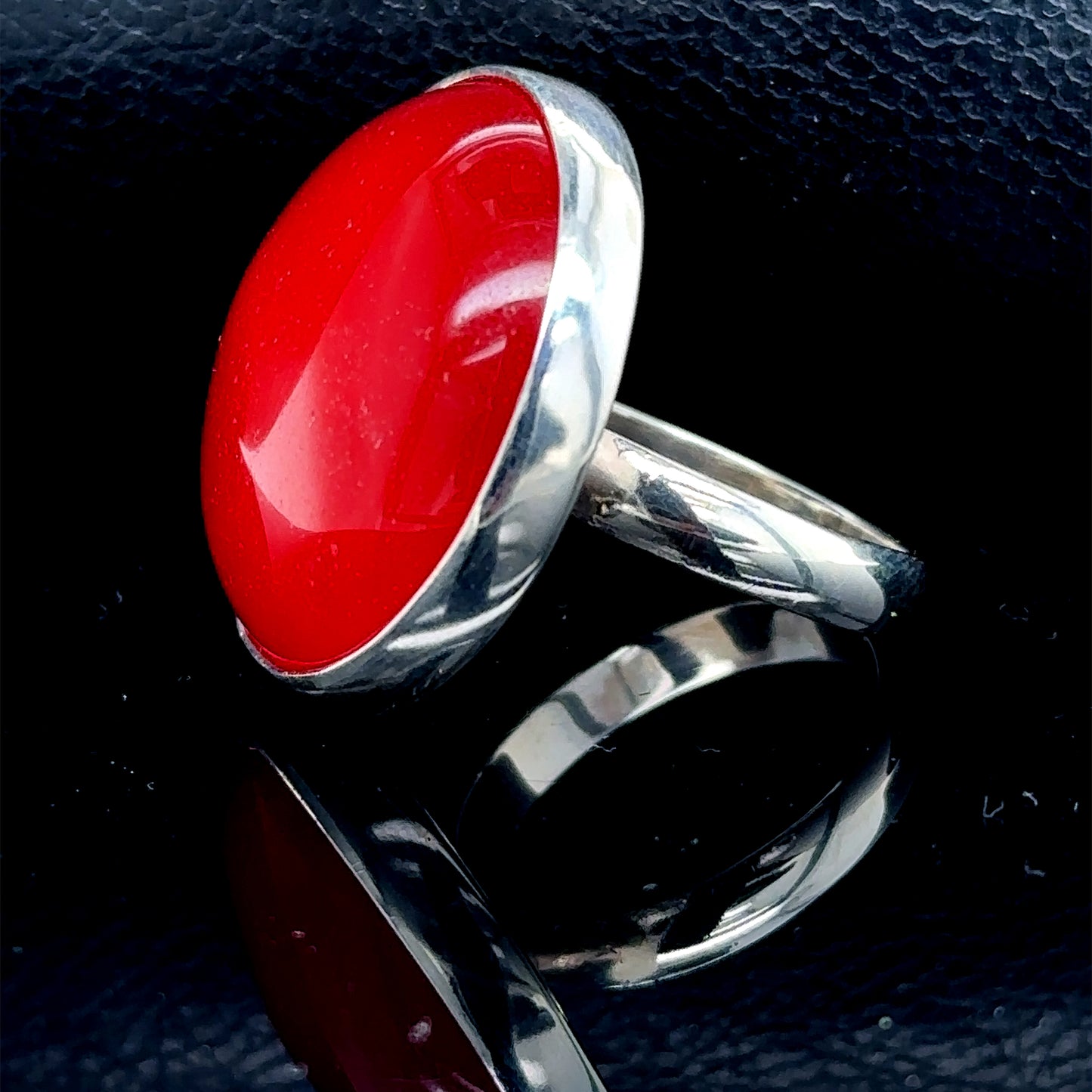 Silver Women Red Jade Stone Round Ring