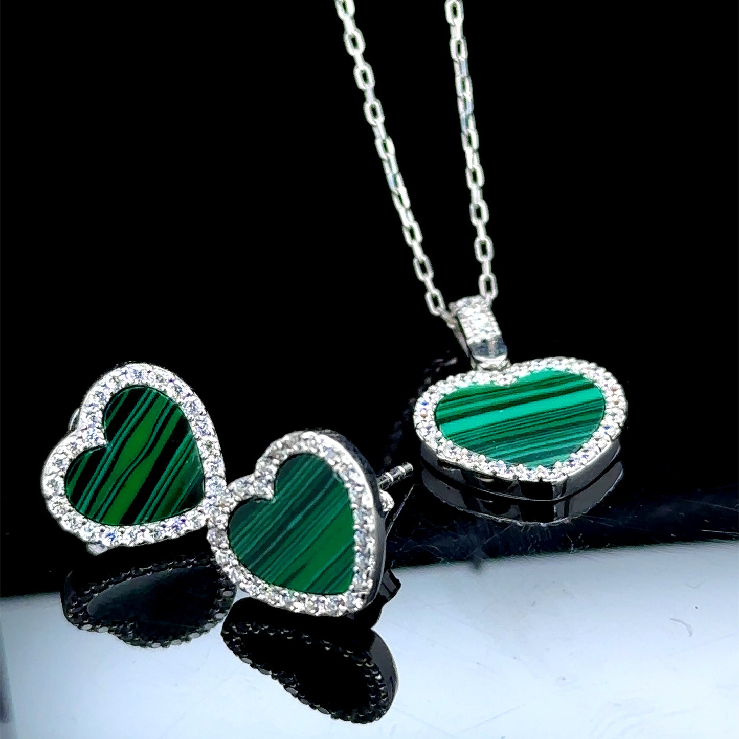 Women Malachite Gemstone Tiny Heart Necklace & Earrings Set
