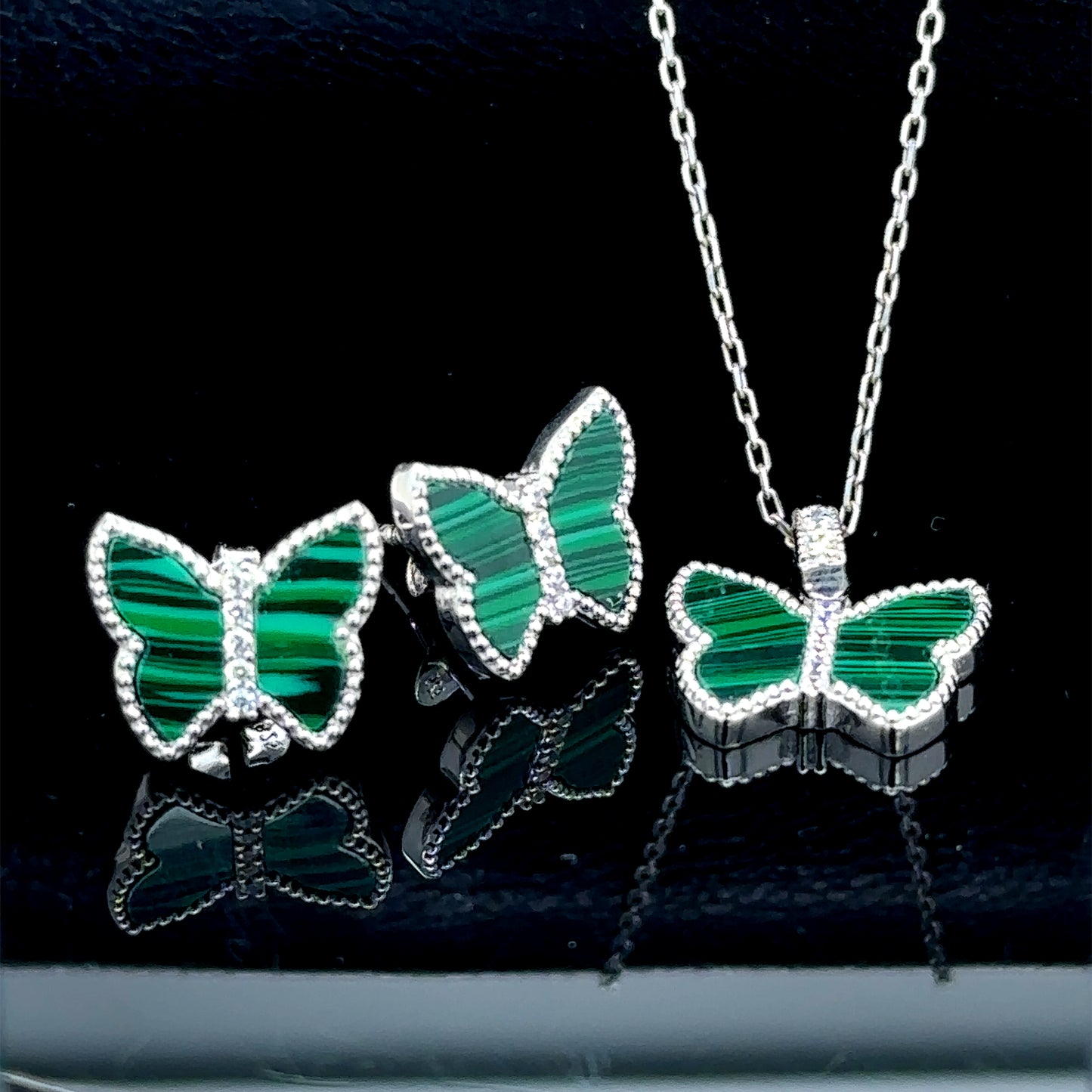 Women Silver Malachite Gemstone Butterfly Necklace Earrings Set