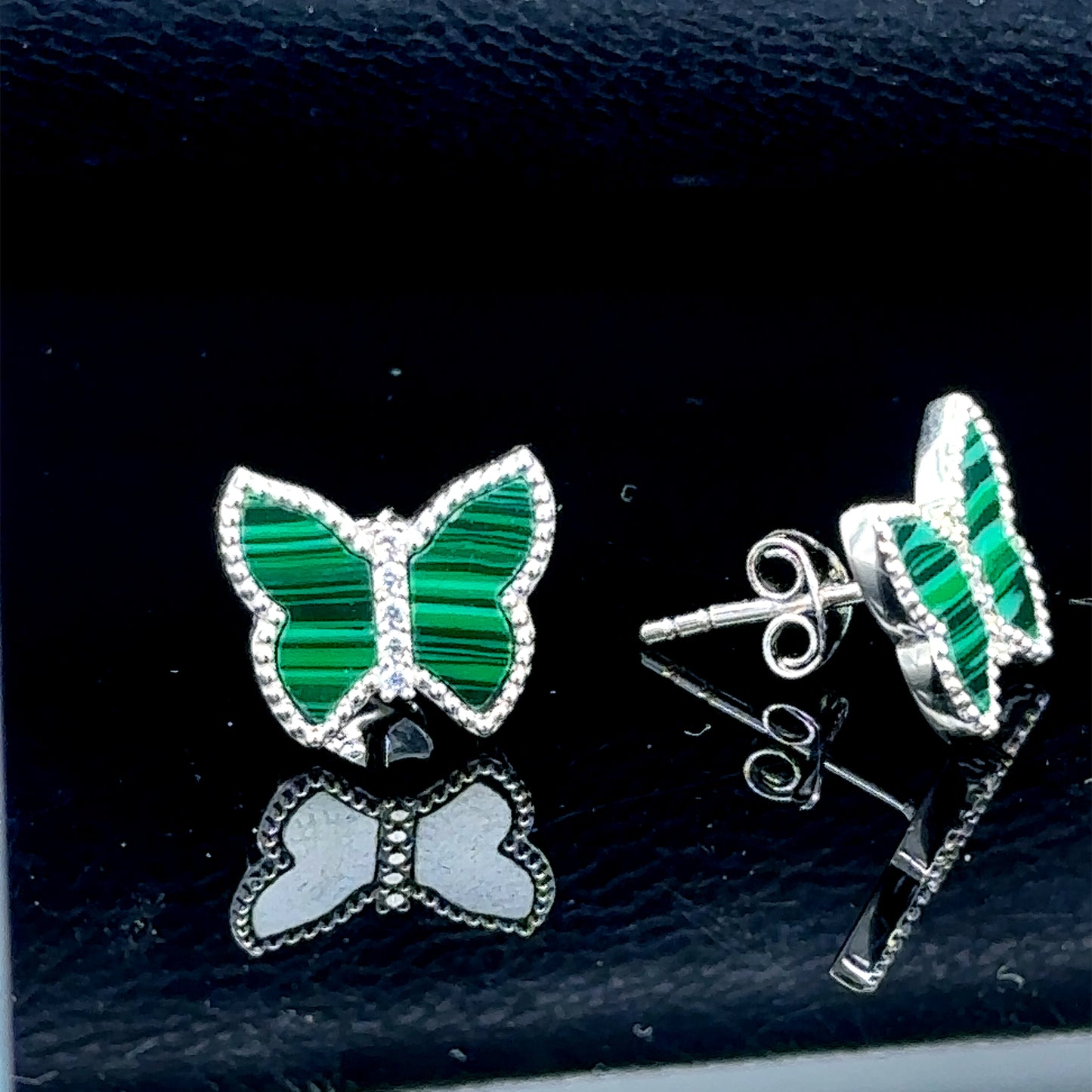 Women Silver Malachite Gemstone Butterfly Necklace Earrings Set