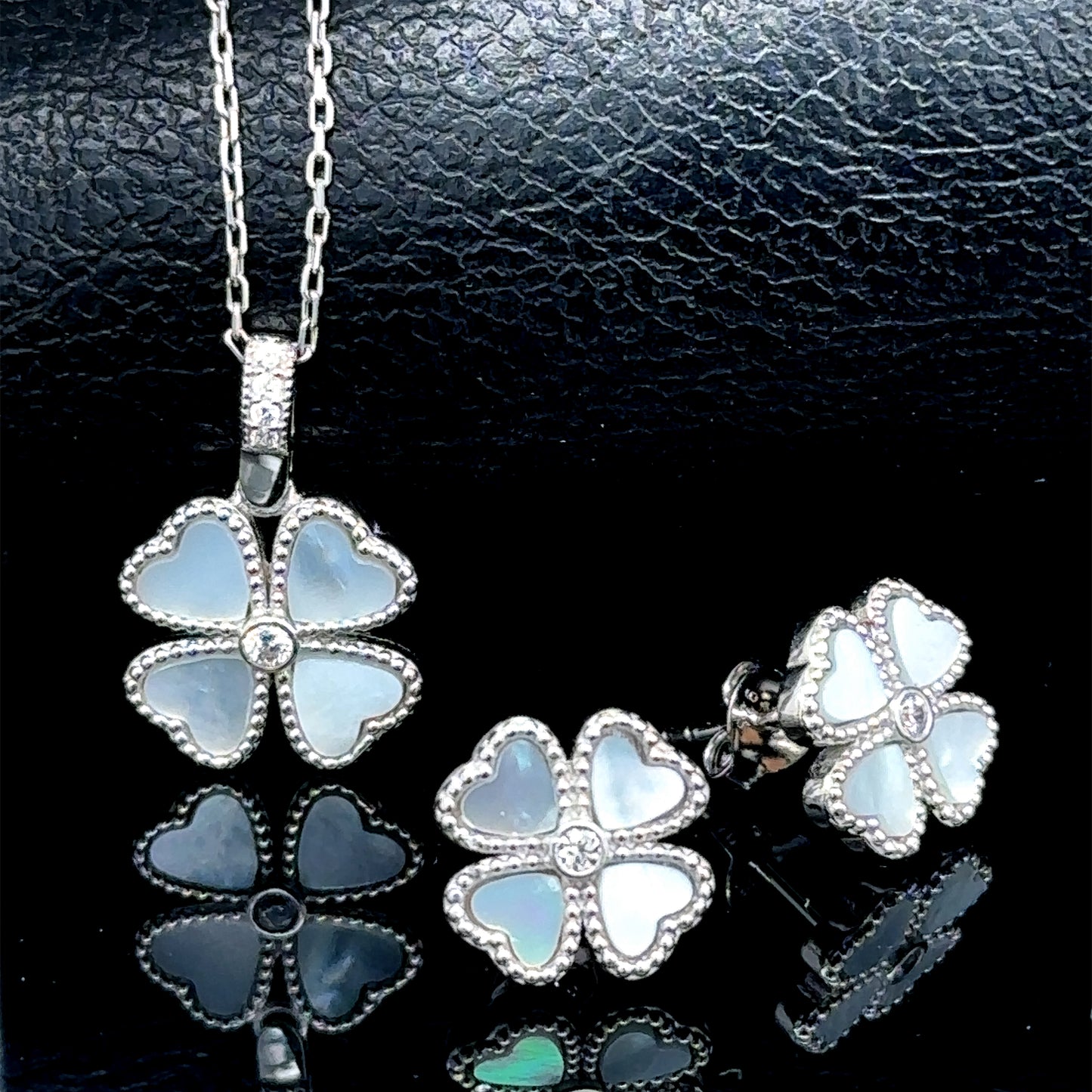 Silver Mother Of Pearl Clover Necklace & Earrings Set