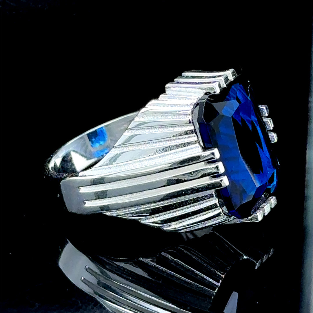 Men Handmade Square Sapphire Gemstone Silver Ring