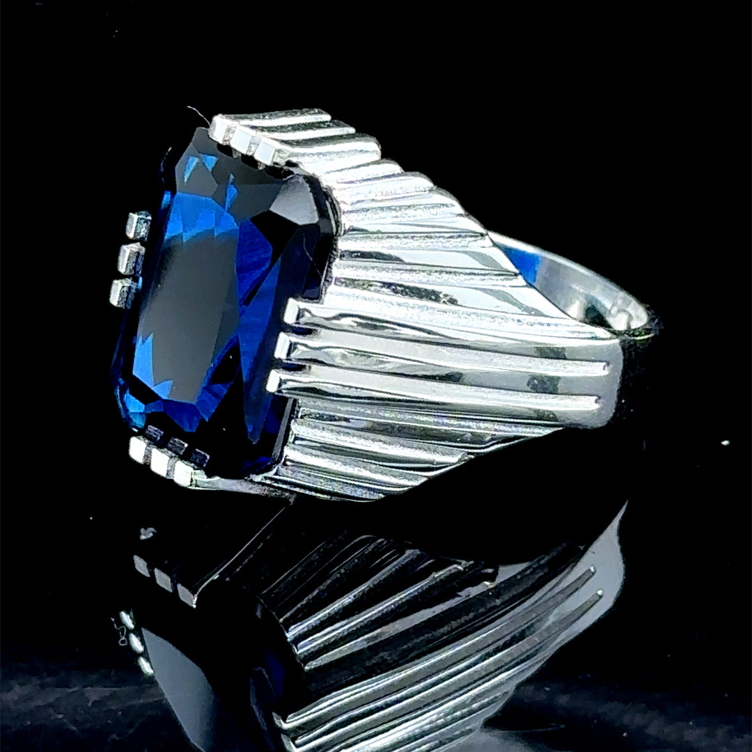 Men Handmade Square Sapphire Gemstone Silver Ring