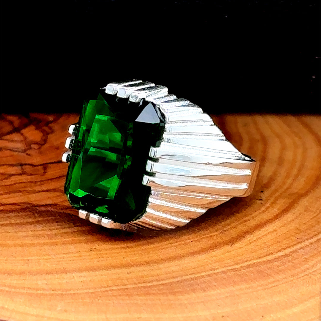 Men Handmade Square Green Emerald Stone Ring