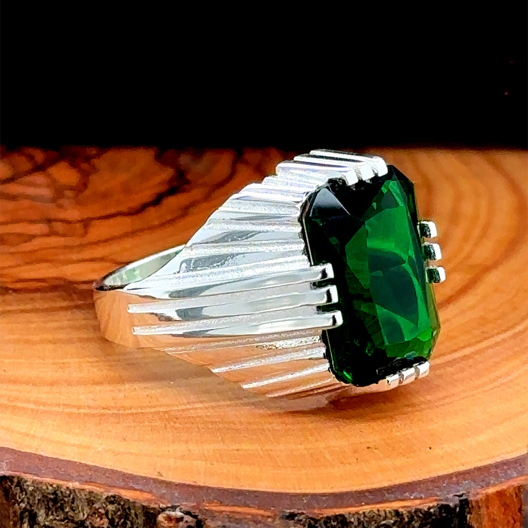 Men Handmade Square Green Emerald Stone Ring