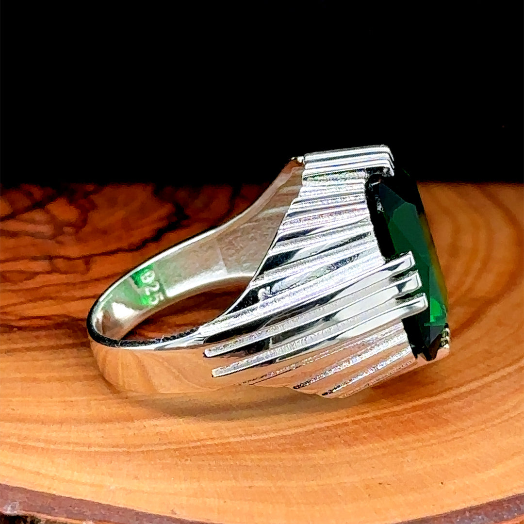 Men Handmade Square Green Emerald Stone Ring
