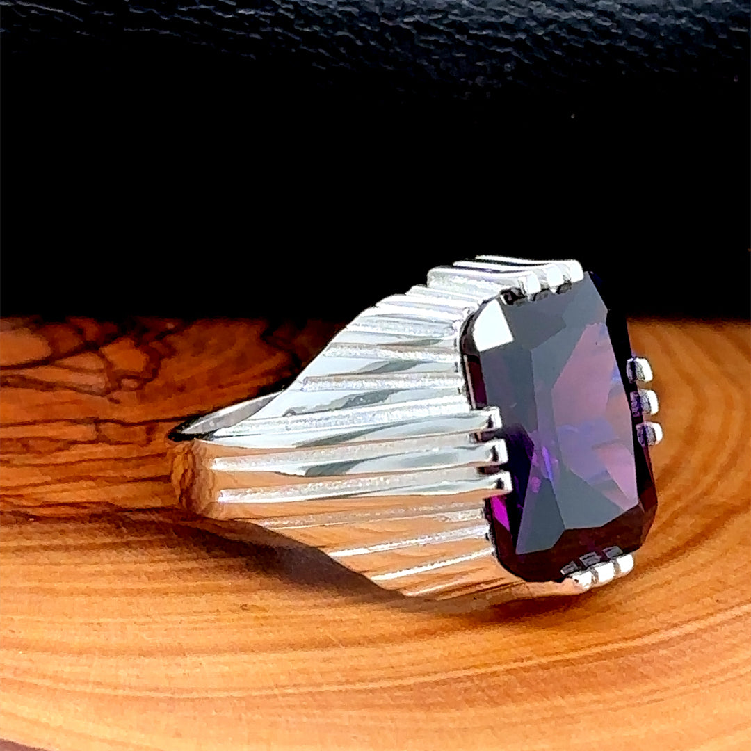 Men Silver Handmade Square Amethyst Stone Ring
