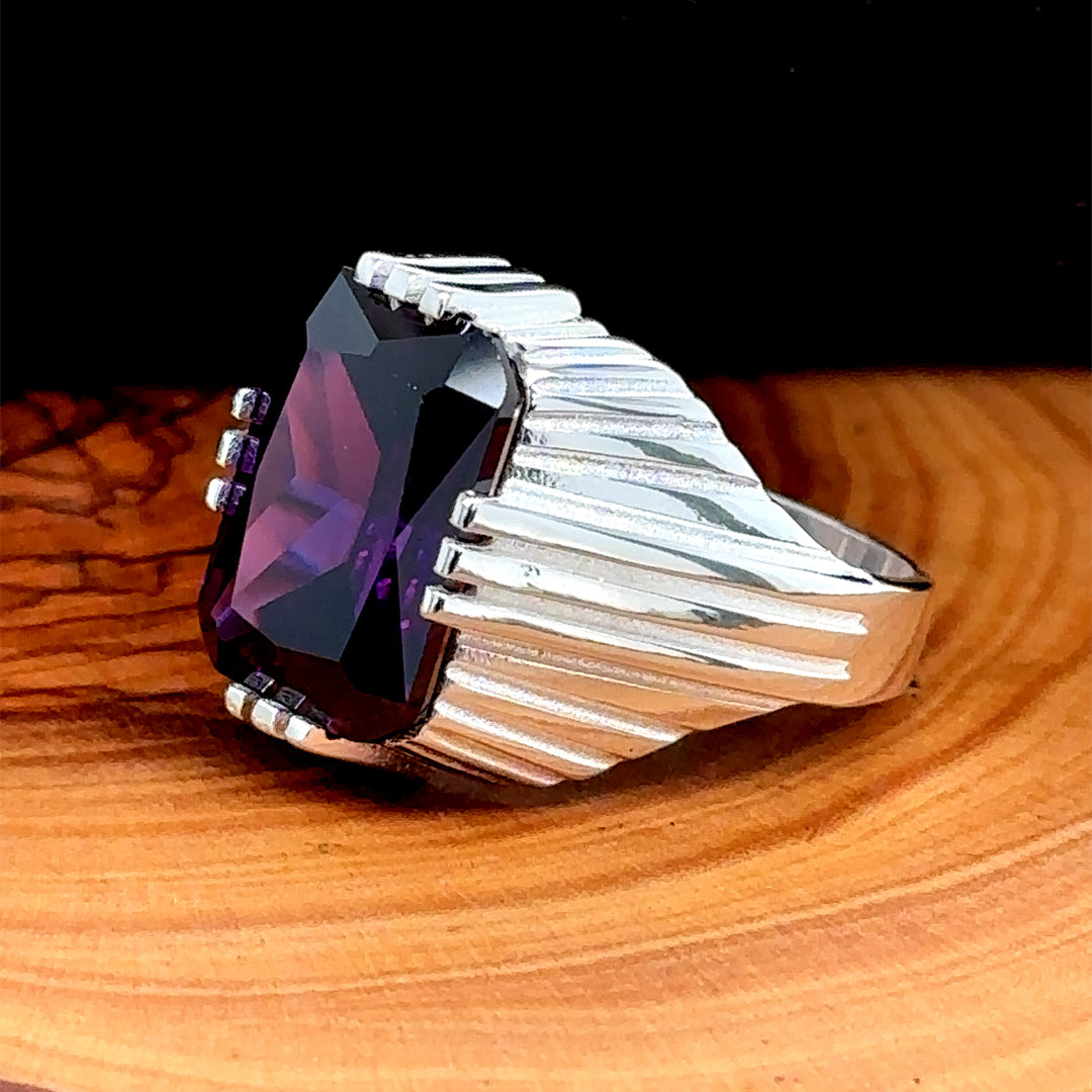 Men Silver Handmade Square Amethyst Stone Ring