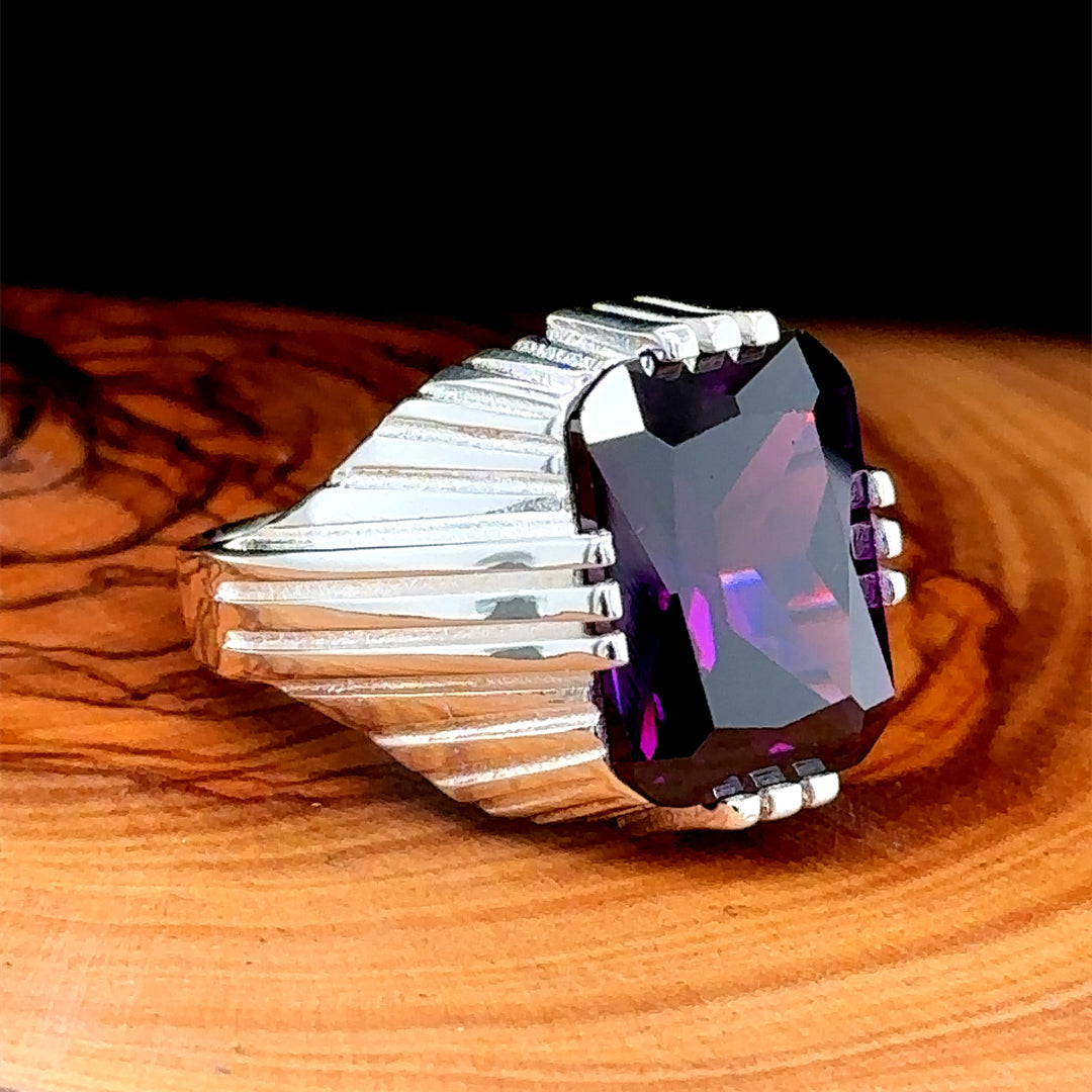 Men Silver Handmade Square Amethyst Stone Ring