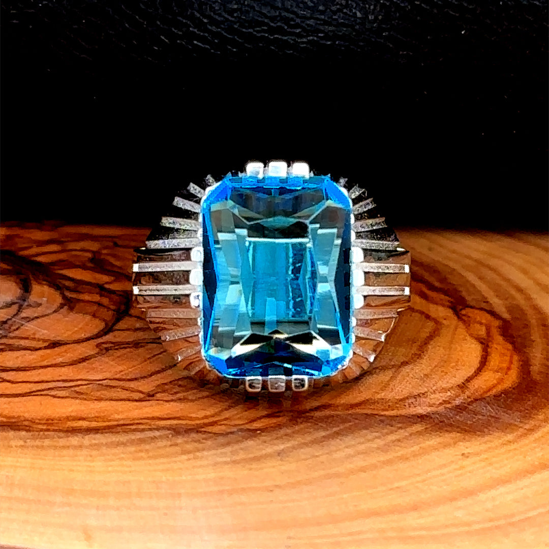 Men Silver Square Aquamarine Gemstone Ring