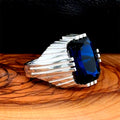 Men Handmade Square Sapphire Gemstone Silver Ring