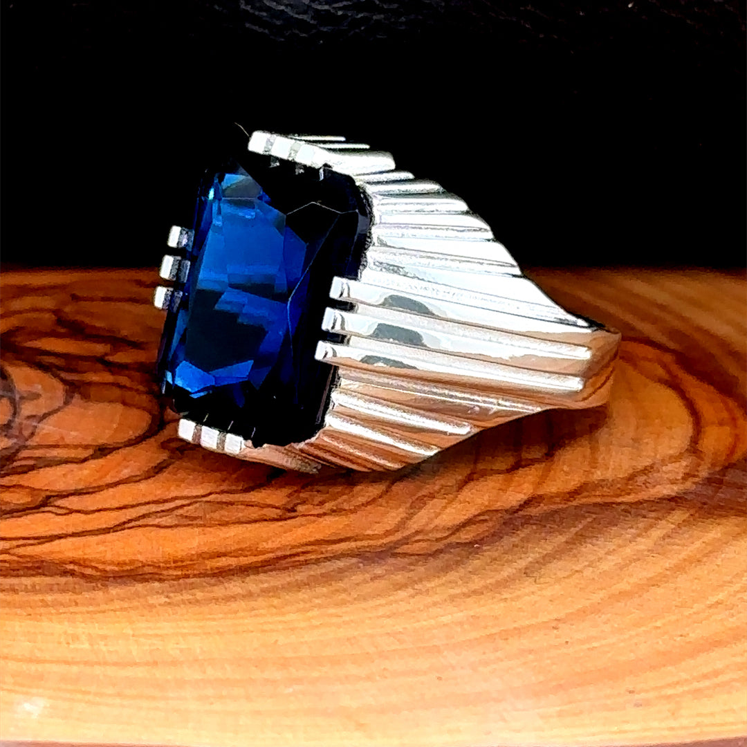 Men Handmade Square Sapphire Gemstone Silver Ring