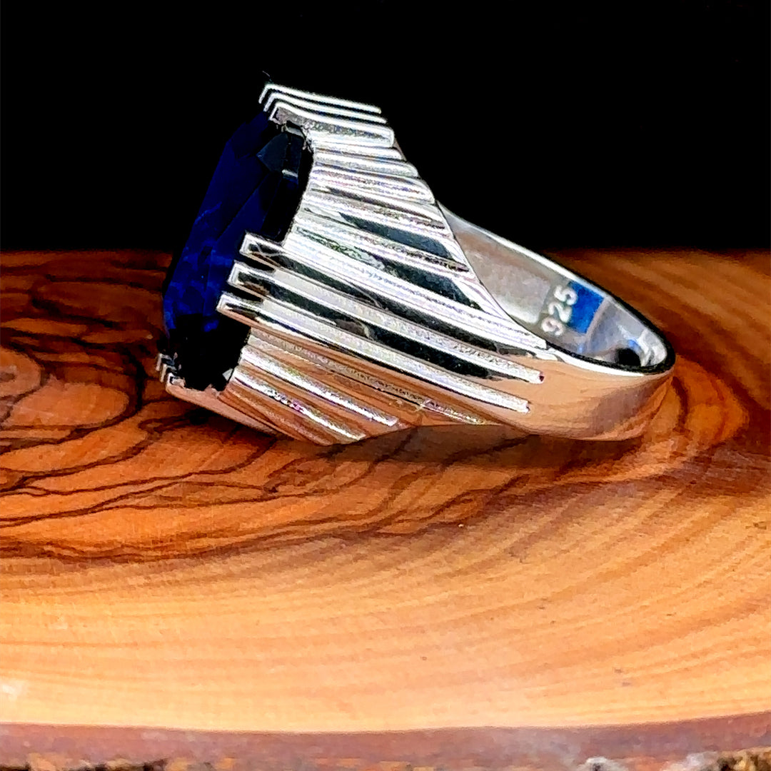 Men Handmade Square Sapphire Gemstone Silver Ring