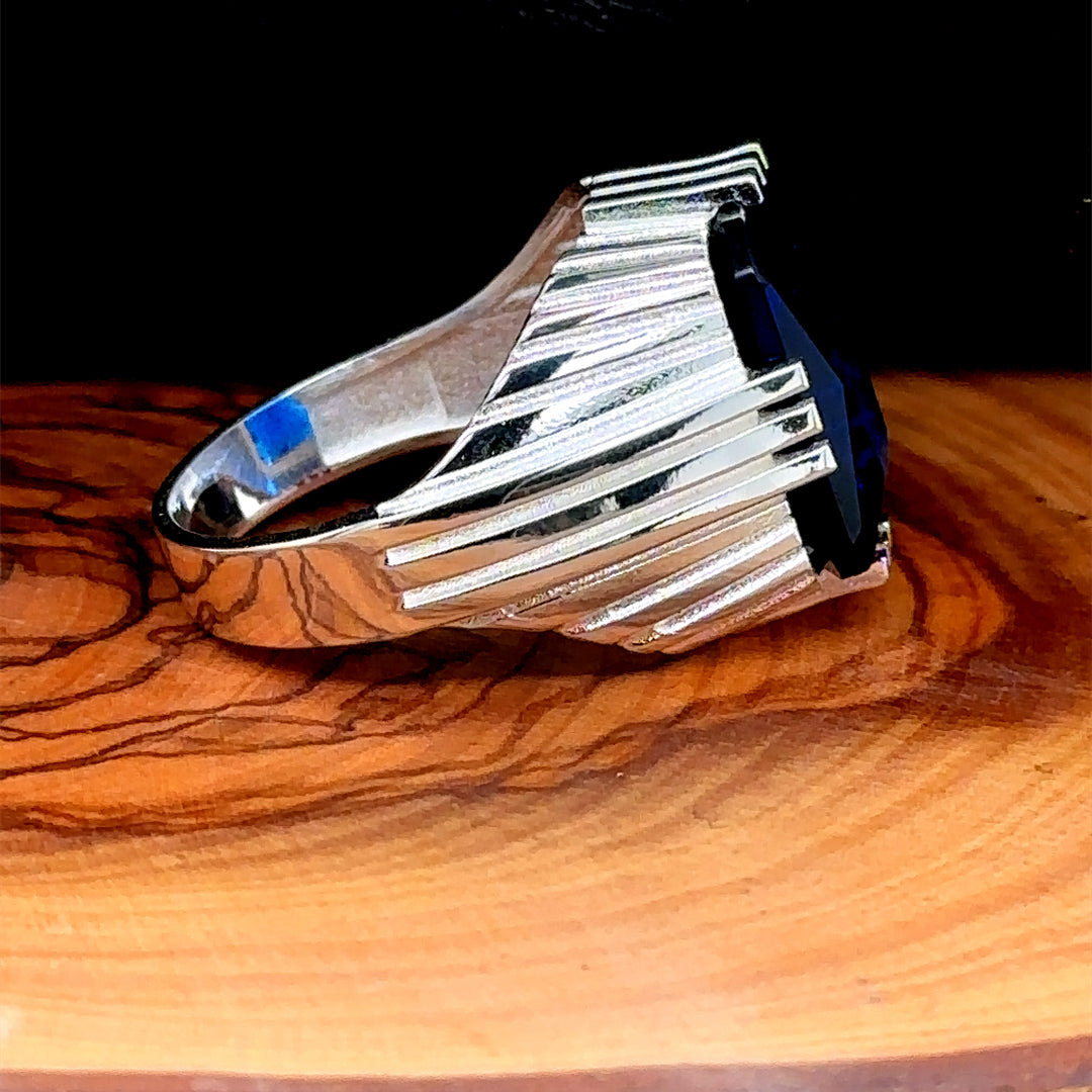 Men Handmade Square Sapphire Gemstone Silver Ring