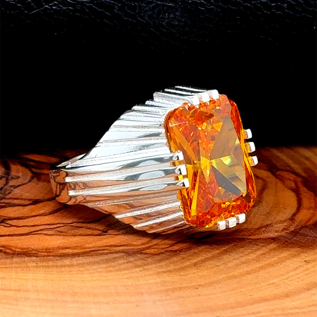 Silver Handmade Square Yellow Citrine Men Ring