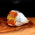 Silver Handmade Square Yellow Citrine Men Ring