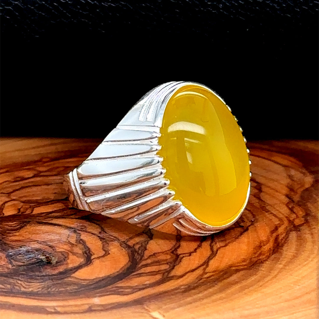 Silver Handmade Oval Yellow Agate Stone Men Ring