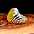 Silver Handmade Oval Yellow Agate Stone Men Ring