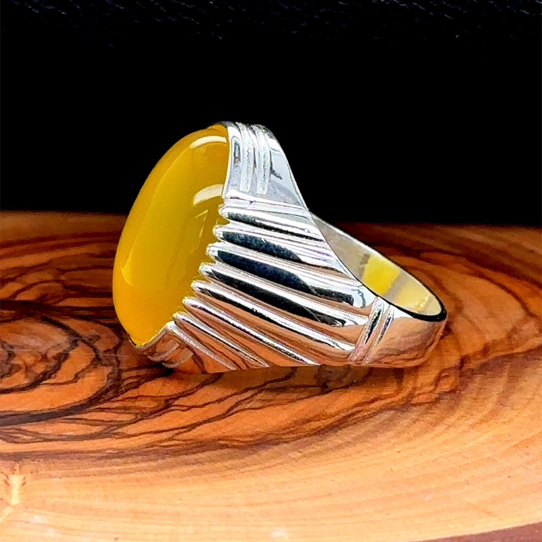 Silver Handmade Oval Yellow Agate Stone Men Ring
