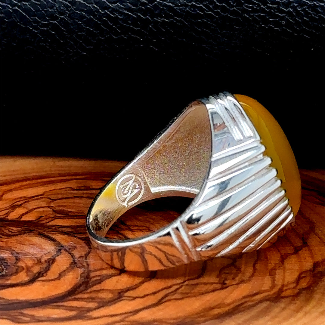 Silver Handmade Oval Yellow Agate Stone Men Ring