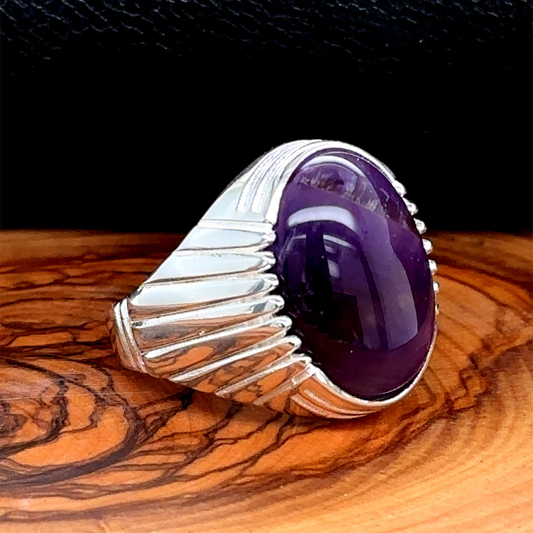 Men Silver Oval Amethyst Gemstone Ring