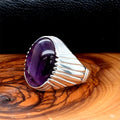 Men Silver Oval Amethyst Gemstone Ring
