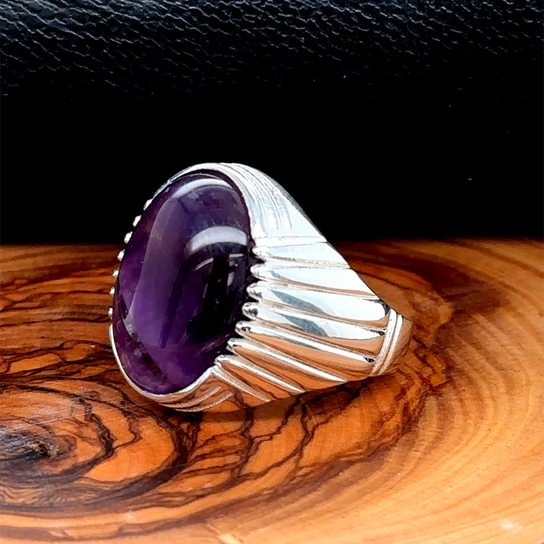 Men Silver Oval Amethyst Gemstone Ring