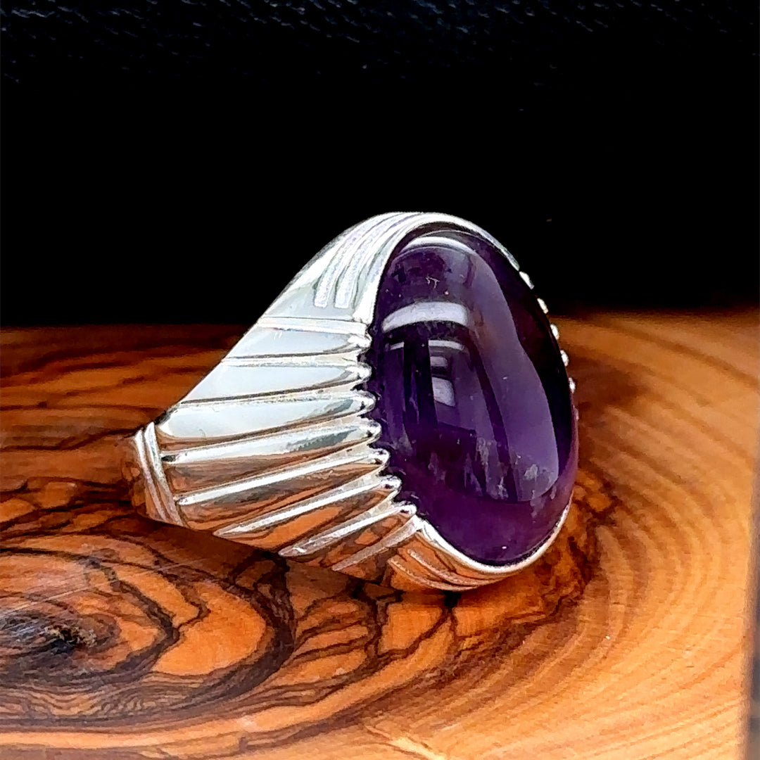 Men Silver Oval Amethyst Gemstone Ring